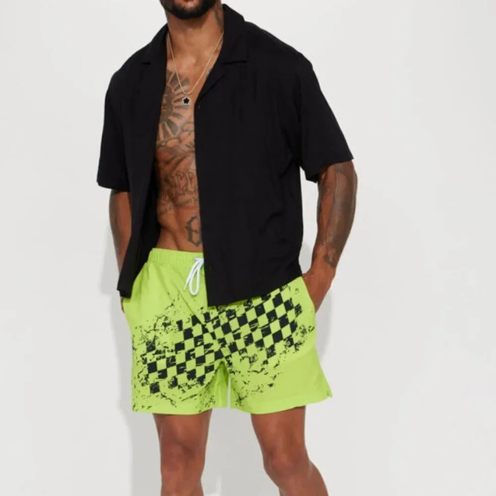 Bundle (2) Fashion Nova Men's Swim Trunks Checkered Past and Solid Green Size XL